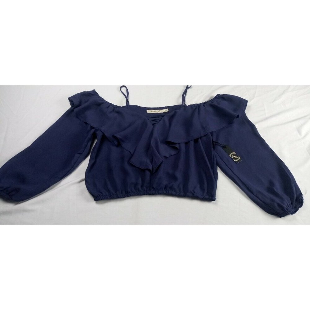 Liberty Love Off Shoulder SIZE L Solid Navy Blue  Ruffled Blouse Elastic Waist